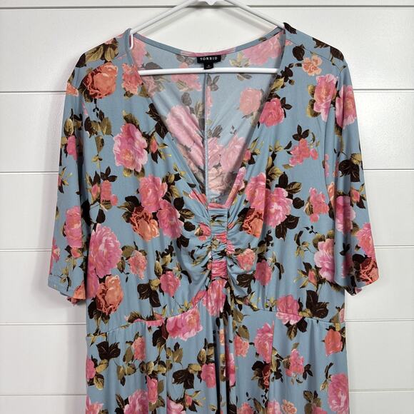 Torrid Floral Print Midi Studio Knit Ruched Dress Blue sz 3 - Picture 2 of 7